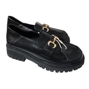 ZHR Chunky Black Platform Loafers Gold Buckle Women's 6.5